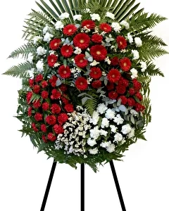 Red and white funeral wreath
